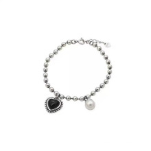 Black Heart Pearl Bracelet For Women cute ankle Stainless Steel  Bracelets & Bangles